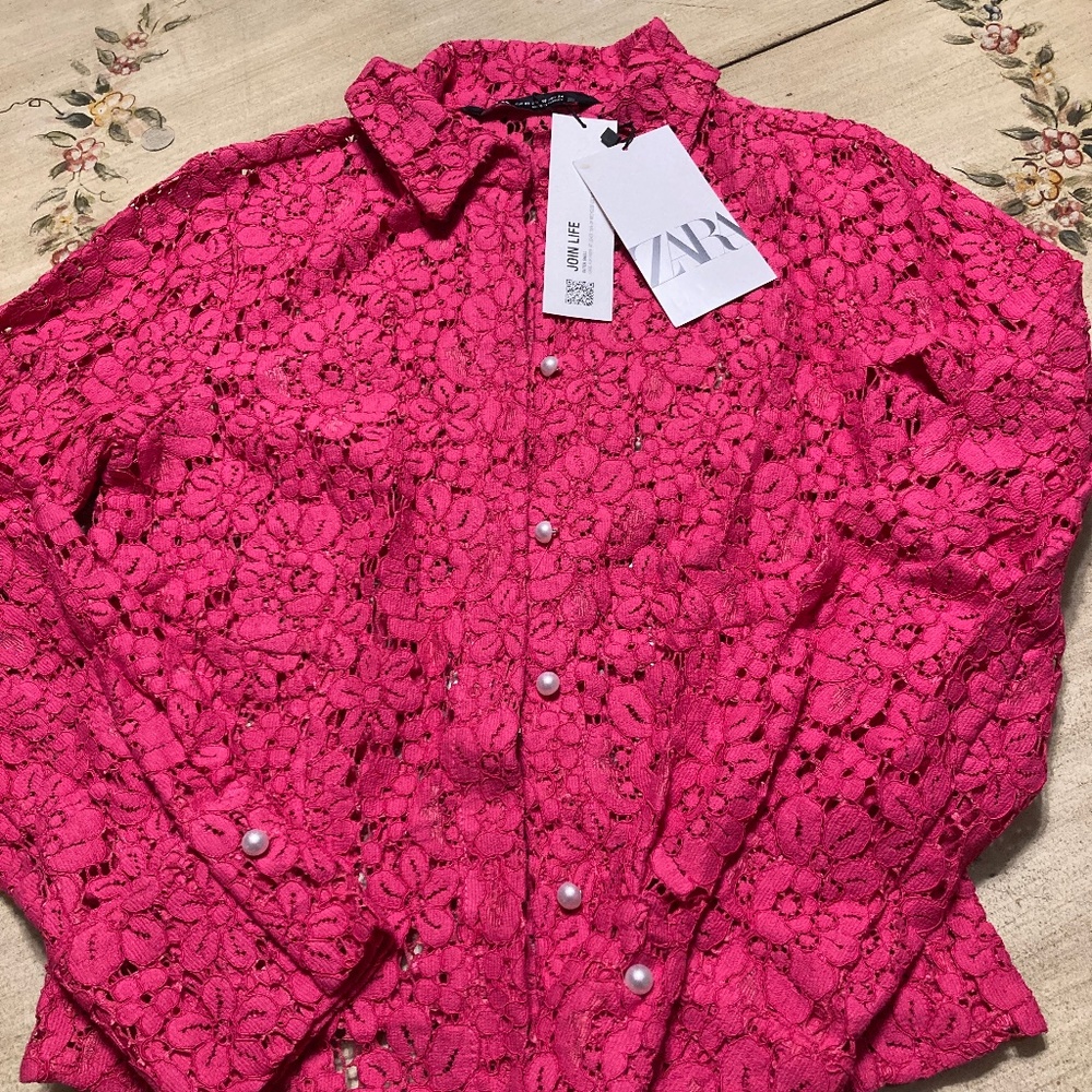 NWT Zara Barbie Pink Floral Lace Blouse Sz XS